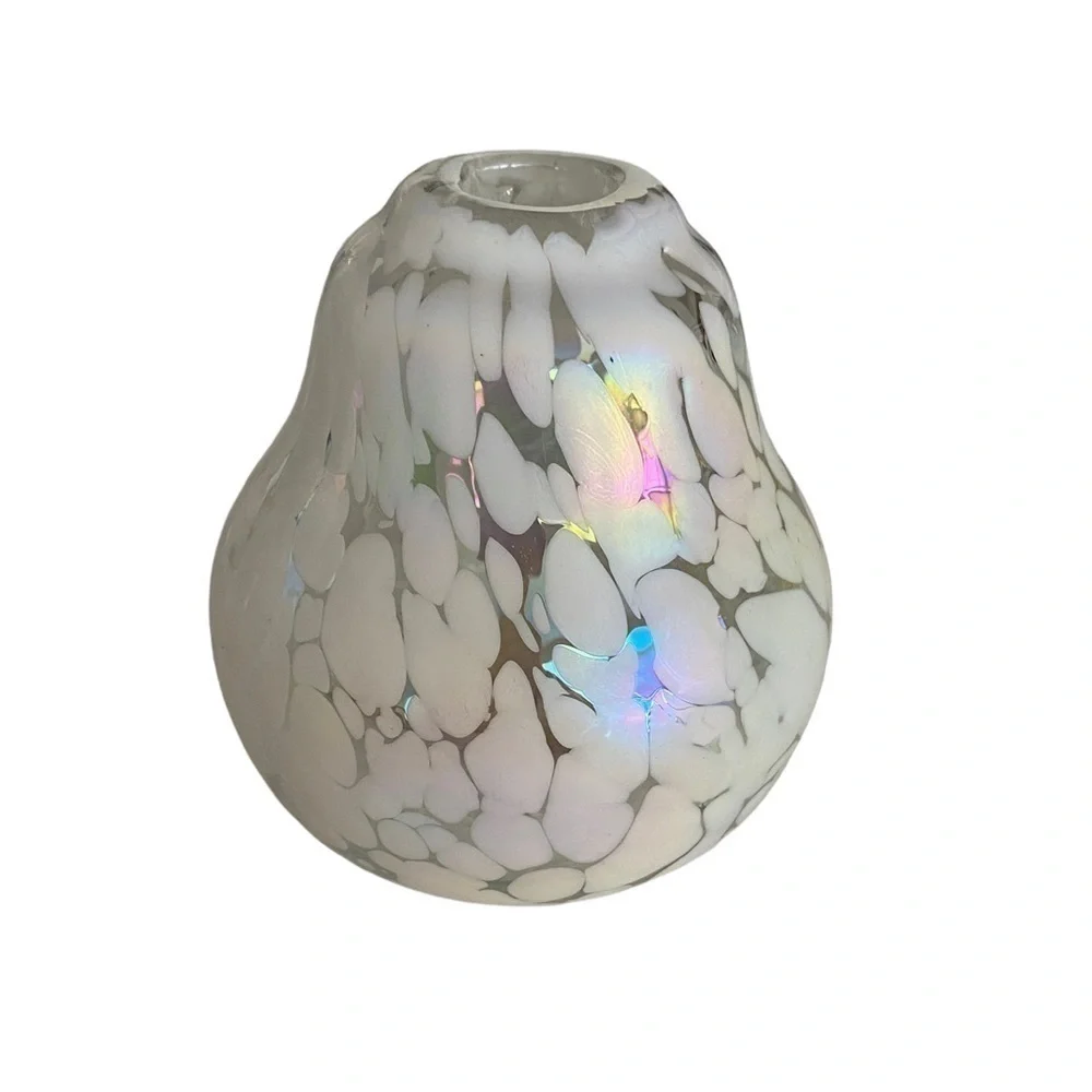 Blown Art Deco Small Glass Bud Vase Iridescent Pearl White and Clear